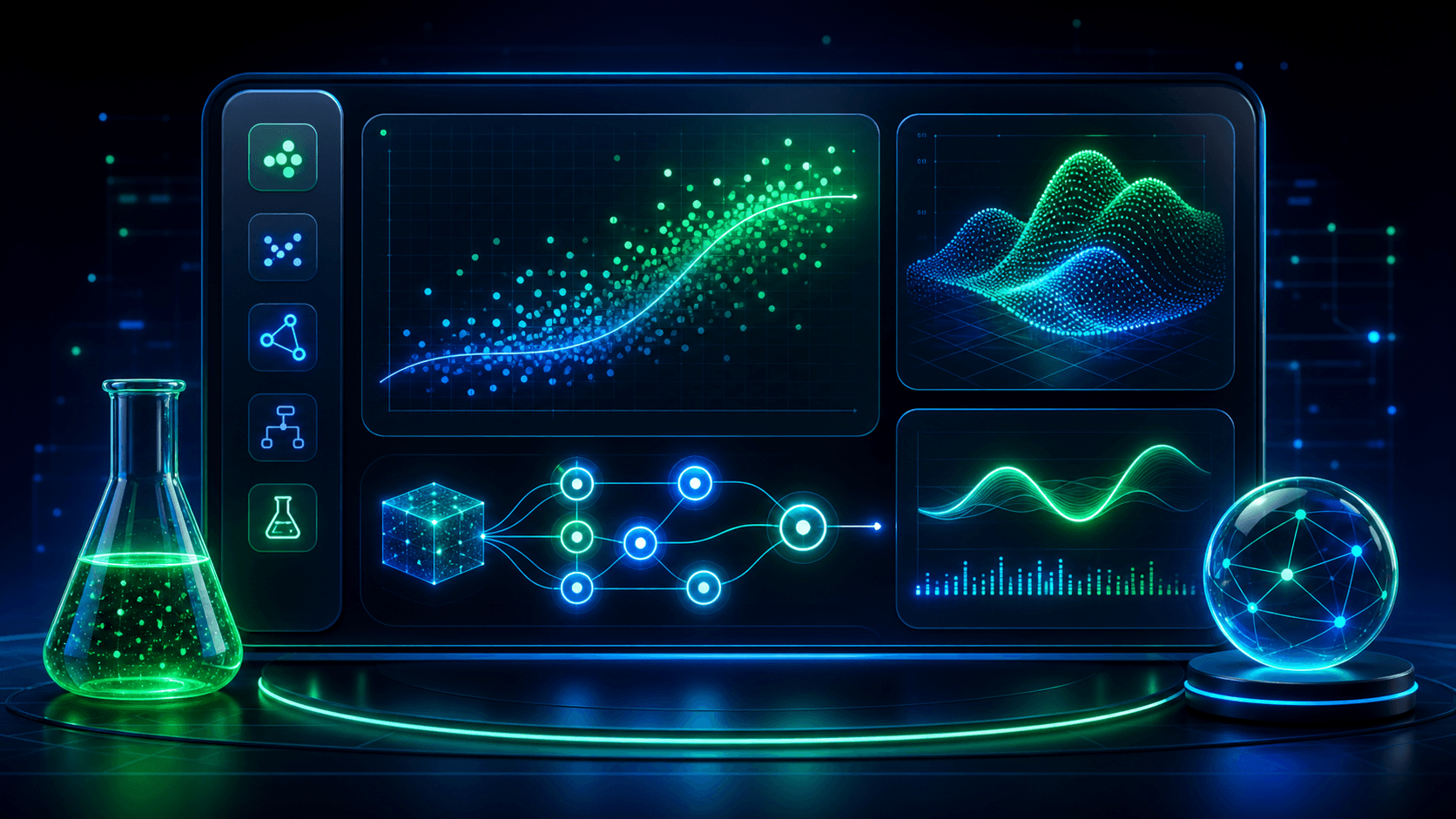 Data science workspace with statistical charts, relationship signals, and deeper analysis paths